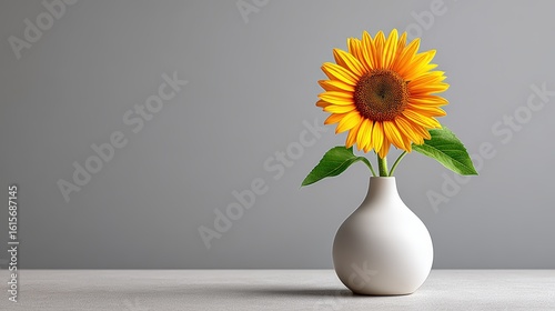 Bright Sunflower in a Simple Vase Against a Gray Background