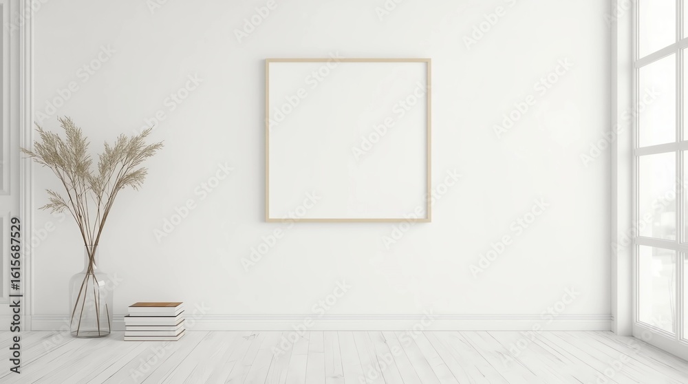 Fototapeta premium Blank horizontal poster frame mock up standing on white floor next to white wall with vase and books. Clipping path around poster. 3d illustration