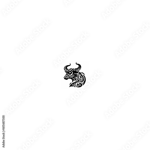 Intricate Black Tribal Bull Head with Swirling Ornate Patterns.