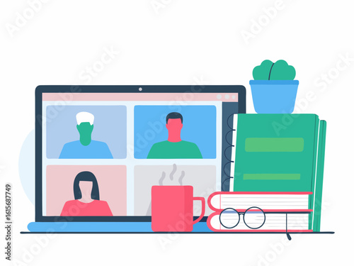 Online Meeting Illustration Laptop with Video Call Books Coffee and Plant for Remote Work laptop displayingv