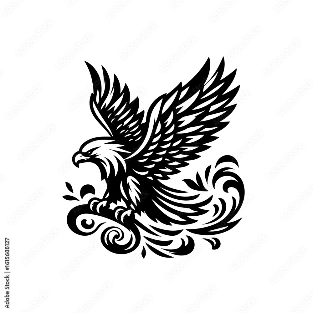 Obraz premium Majestic Black Eagle with Ornate Swirls and Feathers.