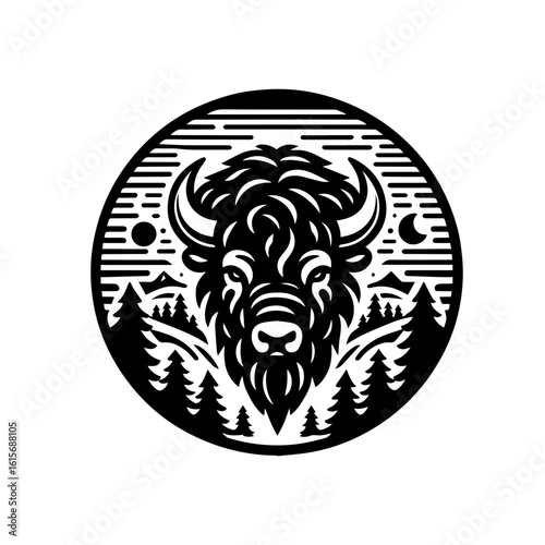 Majestic Black Bison Head Surrounded by Pine Trees and Celestial Elements.