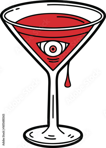 Spooky Eyeball Cocktail Vector Illustration - Old School Tattoo Style Halloween Drink