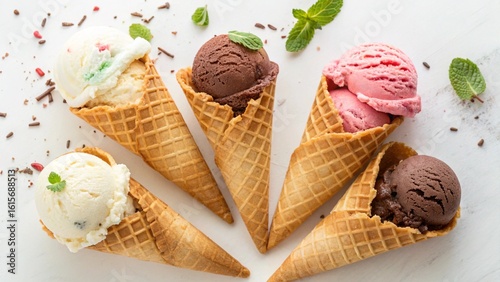 chocolate, vanilla and strawberry ice cream on waffle con