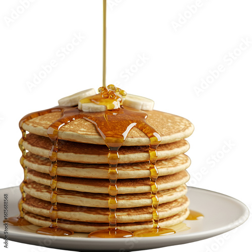 Isolated Photo of Stacked Pancakes with Syrup and Banana as a Food Illustration
