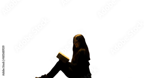 Isolated Photo Of A Young Woman Reading A Book In A Dark Environment