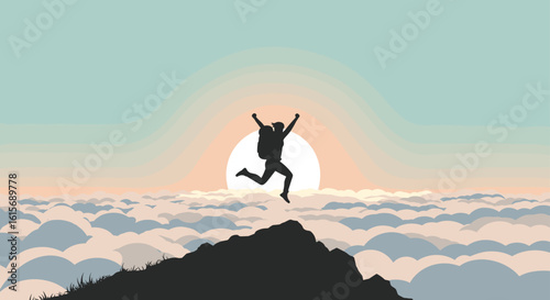 Adventure, Hiking, Mountain Peak, Illustration, Sunrise, Joyful Expression - Celebrating Freedom in Nature's Embrace with Vibrant Colors and Uplifting Spirit