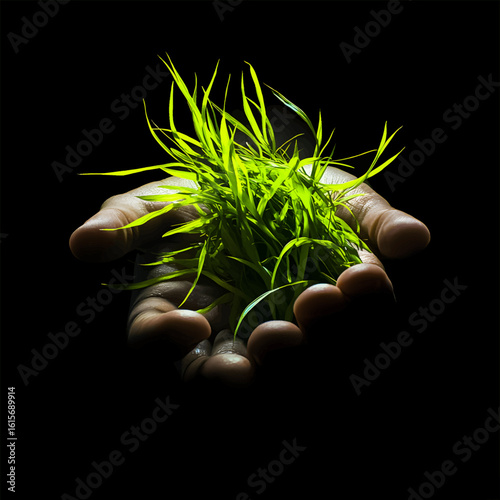 In the palms of life. The power of nature in the hands of man. The illustration depicts a hand carefully holding a bunch of bright green grass, illuminated by soft light against a deep black backgroun