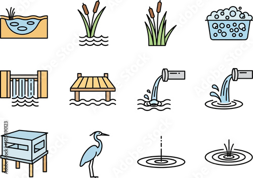 Collection of wetland and water feature icons for environmental design