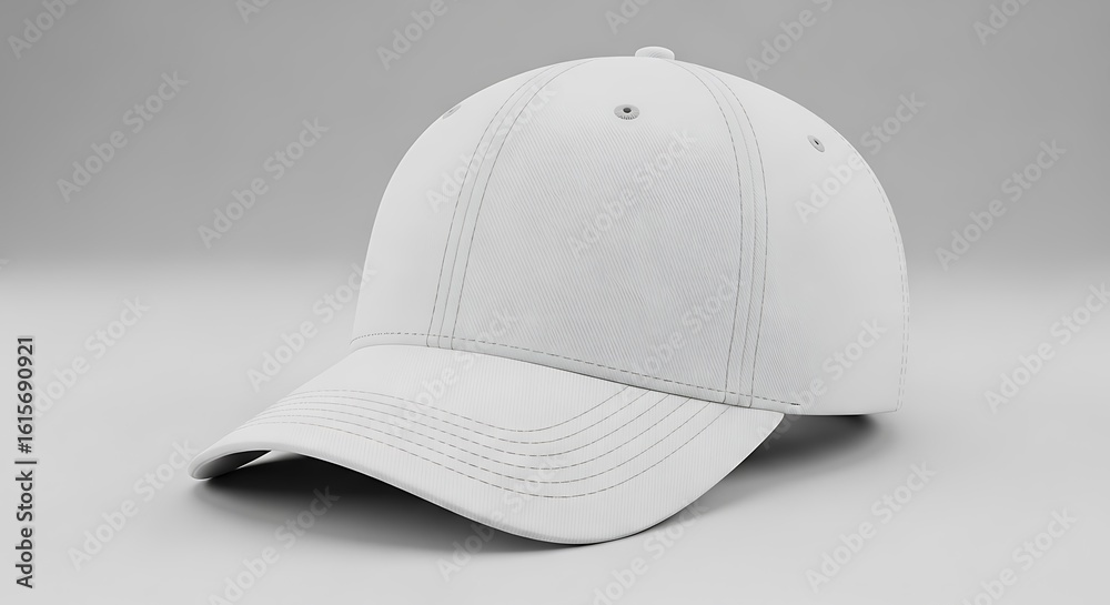 Fototapeta premium A plain white baseball cap isolated on a light grey background