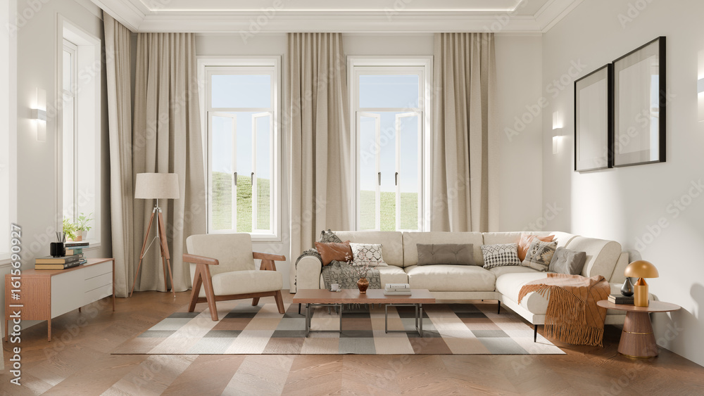 Fototapeta premium A modern living room with a beige sectional sofa, wooden coffee table, geometric rug, and natural light streaming through large windows, creating a warm, minimalist contemporary space
