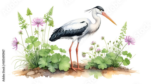 watercolor drawing plant of common stork's-billwith green leaves and flowers, Erodium cicutarium, redstem filaree, isolated at white background, natural element, hand drawn botanical illustration