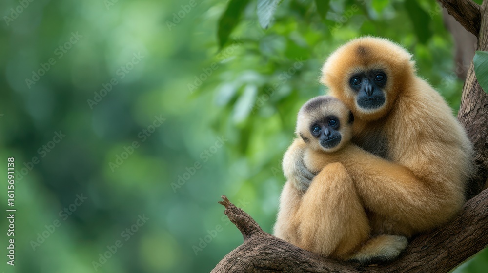Fototapeta premium Two gibbons display a strong bond, with one holding the other in a warm embrace as they rest peacefully among the lush green foliage during daytime