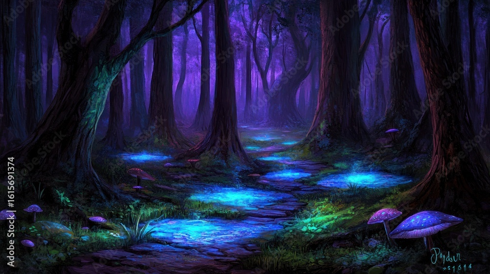 Fototapeta premium Enchanted Forest Pathway with Glowing Mushrooms and Mysterious Purple Atmosphere at Night