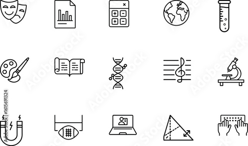 Minimalist subjects and tools icon set for education, science, and arts