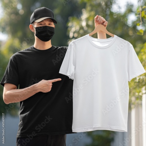 A man holding a plain white t-shirt on a hanger.