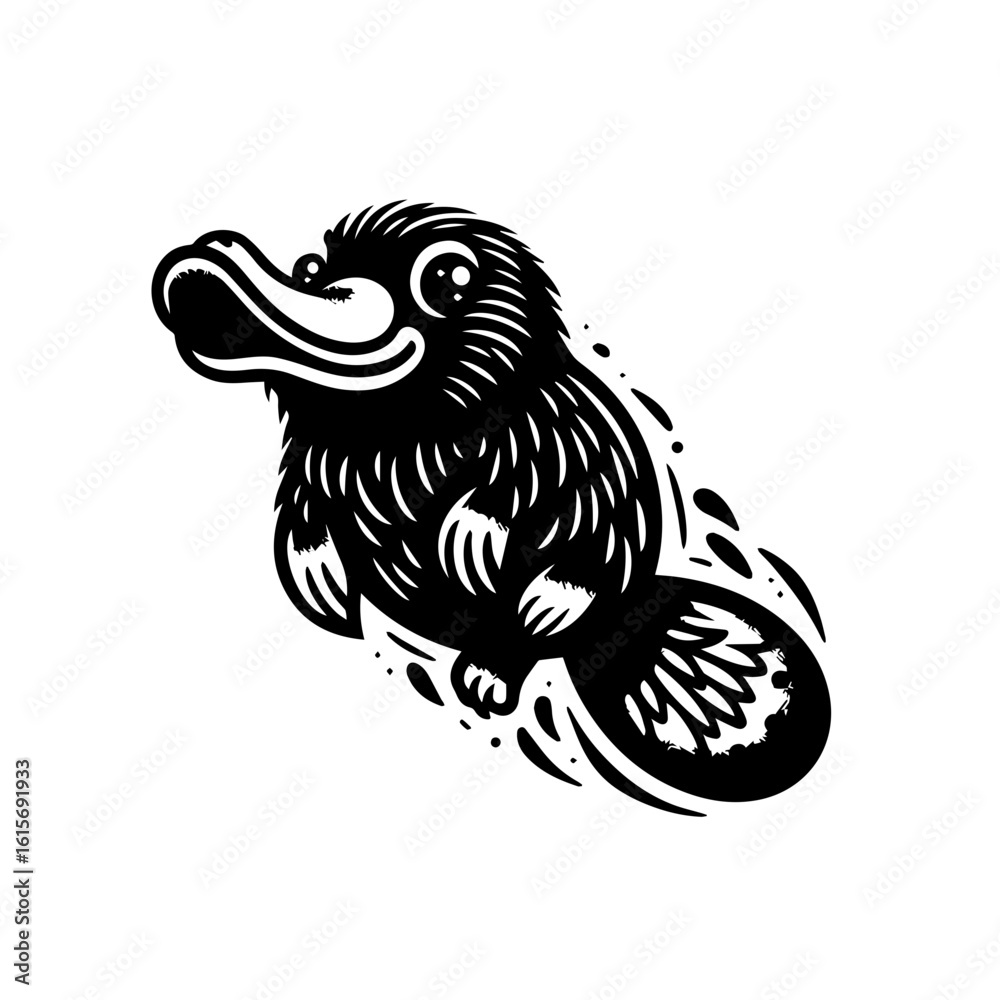 Fototapeta premium Stylized Black and White Illustration of a Playful Platypus.