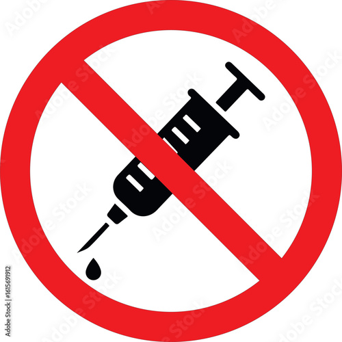 no injection sign vector syringe prohibited symbol no drugs or vaccine ban icon isolated on white background