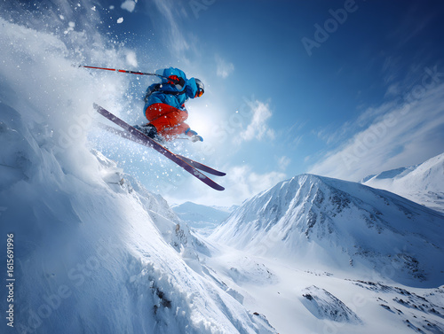 Action-Packed Ski Jump – Skier Soaring Over Snowy Mountain Slope