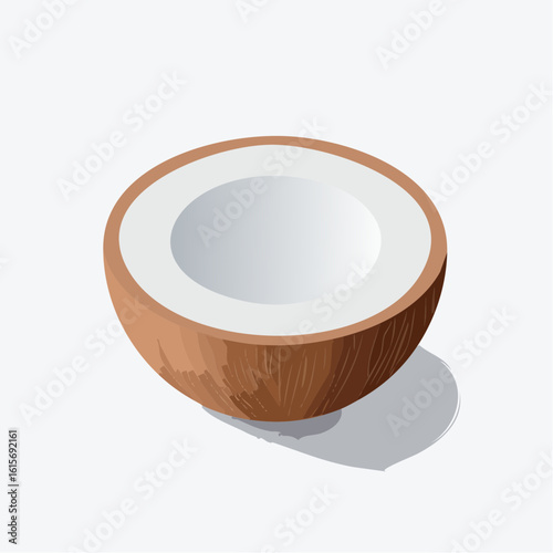 Isolated Coconut Half Illustration with Detailed Texture and Shadow Play on Light Surface