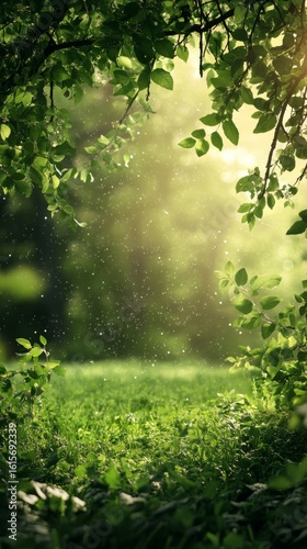 Sunlight Streaming Through Forest Canopy with Green Grass