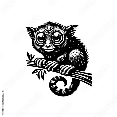 Stylized Black and White Illustration of a Tarsier Clinging to a Branch.