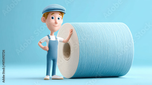 Worker cartoon, Cheerful character standing next to a large roll of paper against a blue background.