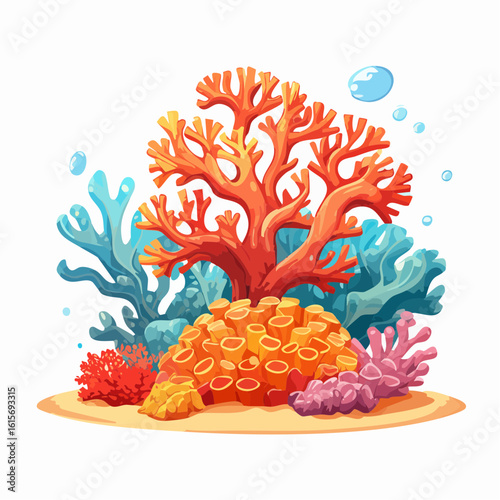 Cartoon illustration of a vibrant coral reef ecosystem with diverse marine life forms