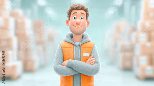 Worker cartoon, Friendly warehouse worker smiles confidently among stacked boxes.