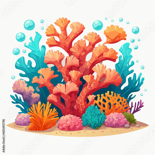Vibrant Underwater Scene Featuring Colorful Coral Reef with Bubbles and Marine Life