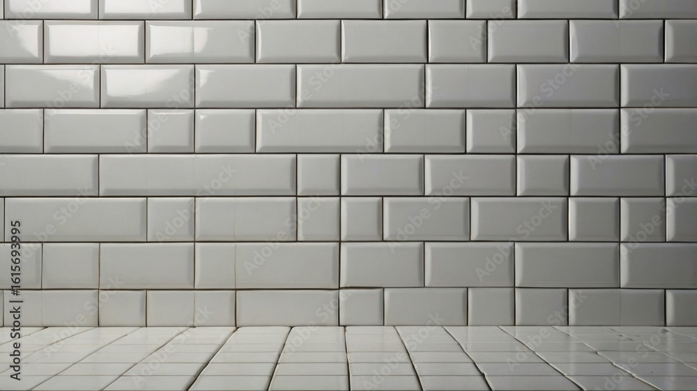 Fototapeta premium A close up shot of a wall and floor covered in white subway tiles with dark grout lines in a studio