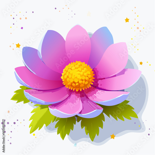 Illustration of a vibrant and stylized flower with pink and purple petals, surrounded by festive confetti