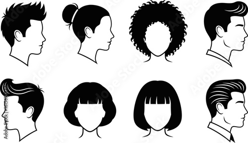 Diverse hairstyles illustrated in black and white profile silhouettes