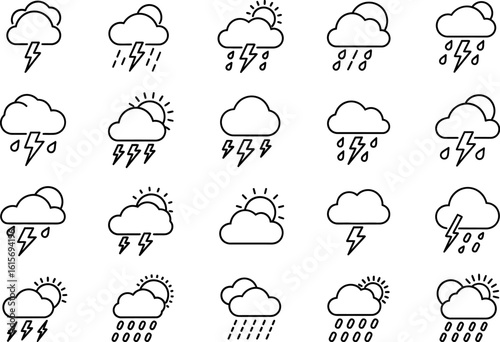 Collection of hand drawn weather icons representing different forecasts