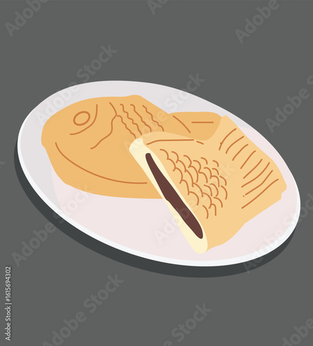fish-shaped chocolate cake. Slice Taiyaki or bungeoppang With Red Bean, fish shaped bread cake. 