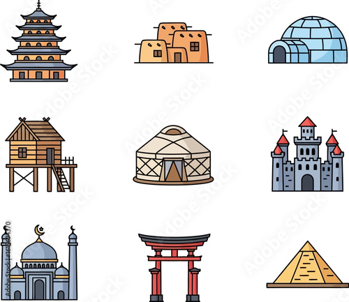 Diverse global architecture styles illustrated in a nine panel grid