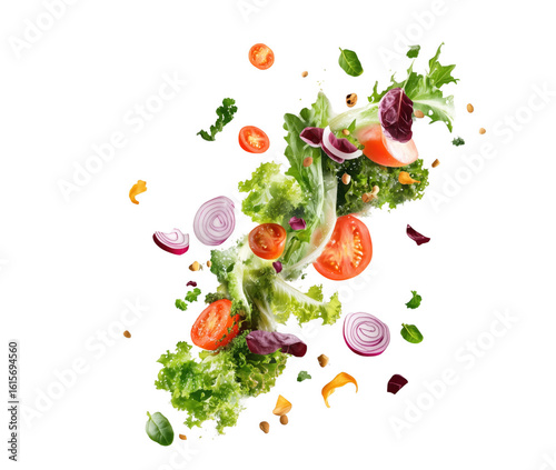 Fresh salad ingredients suspended in air on a transparent background healthy food concept