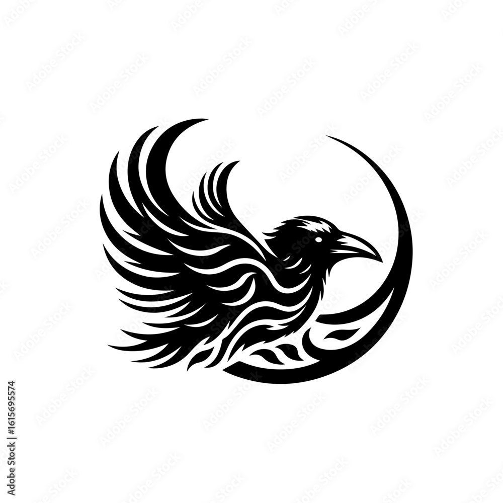 Fototapeta premium Stylized Black Raven with Tribal Feather Design in Crescent Moon.