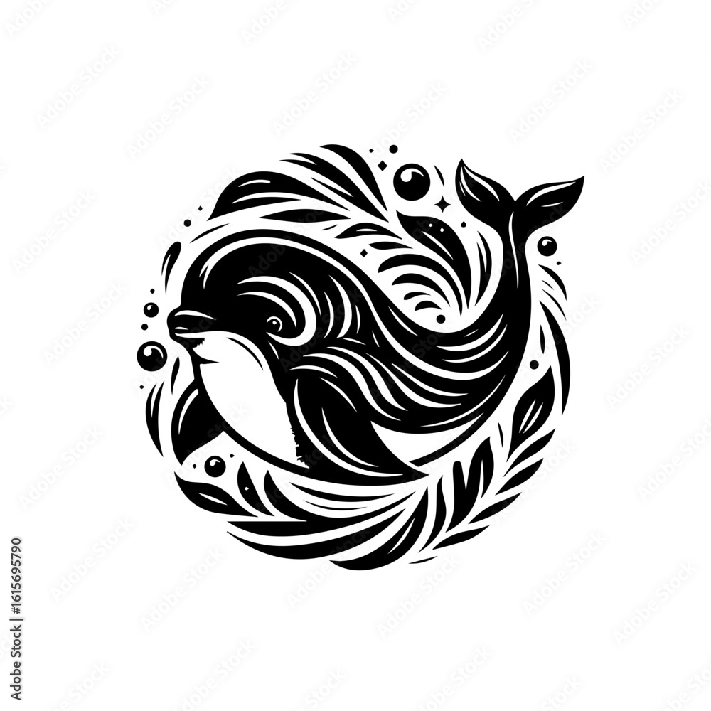 Obraz premium Stylized Black Silhouette of a Dolphin with Flowing Mane and Bubbles.