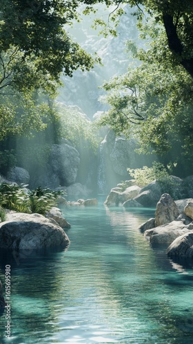 Peaceful River Flowing Through Forest with Sun Rays