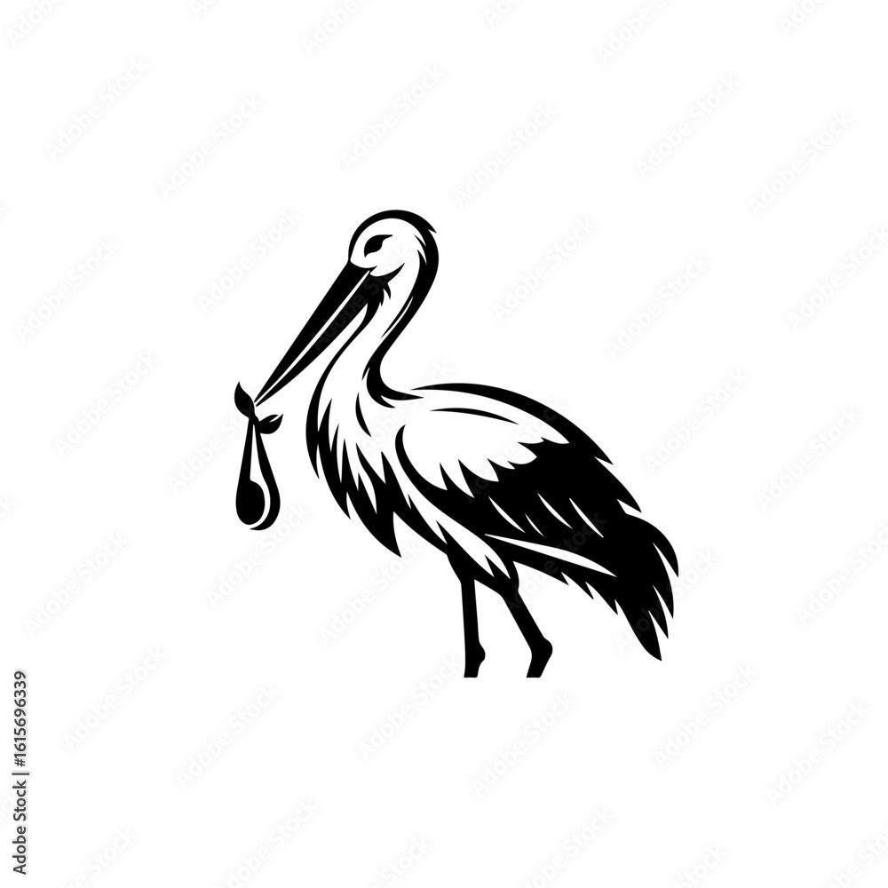 Obraz premium Stylized Black Silhouette of a Stork Carrying a Bundle.