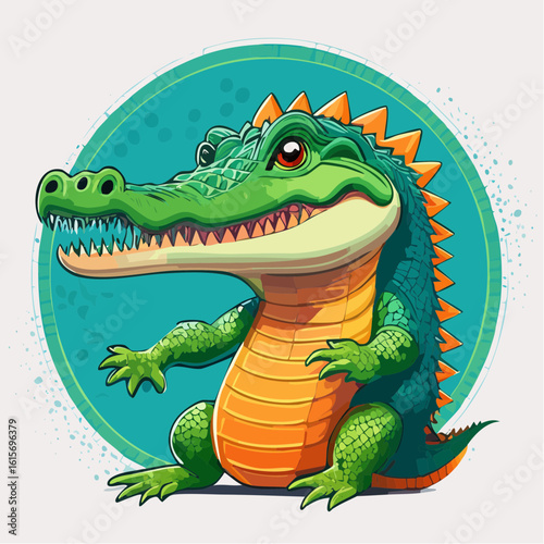 Cartoon Crocodile Character with Green Scales and Friendly Expression on an Abstract Background