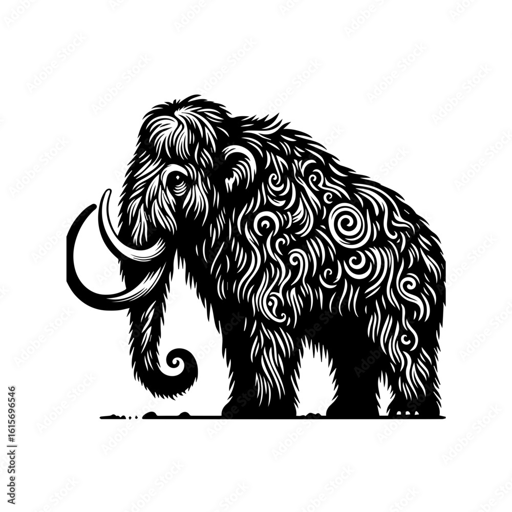 Obraz premium Stylized Black Silhouette of a Woolly Mammoth with Intricate Swirling Fur Patterns.
