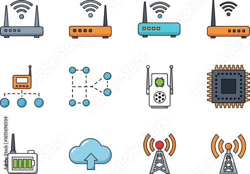Collection of wireless network devices and connectivity icons