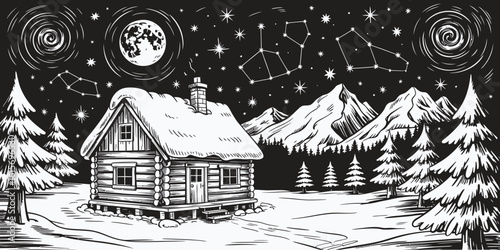 Winter Night Landscape Vector Sketch Showing Snow-Covered Wooden House in Mountain Forest Beneath Moon and Starry Sky, Detailed Black and White Christmas Scene Illustration

