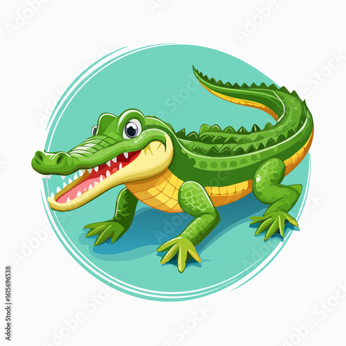 Adorable Cartoon Crocodile Illustration on a Soft Teal Circular Background Design