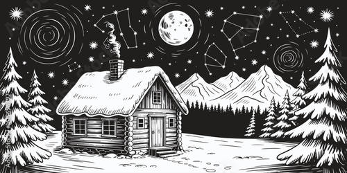 Winter Night Landscape Vector Sketch Showing Snow-Covered Wooden House in Mountain Forest Beneath Moon and Starry Sky, Detailed Black and White Christmas Scene Illustration

