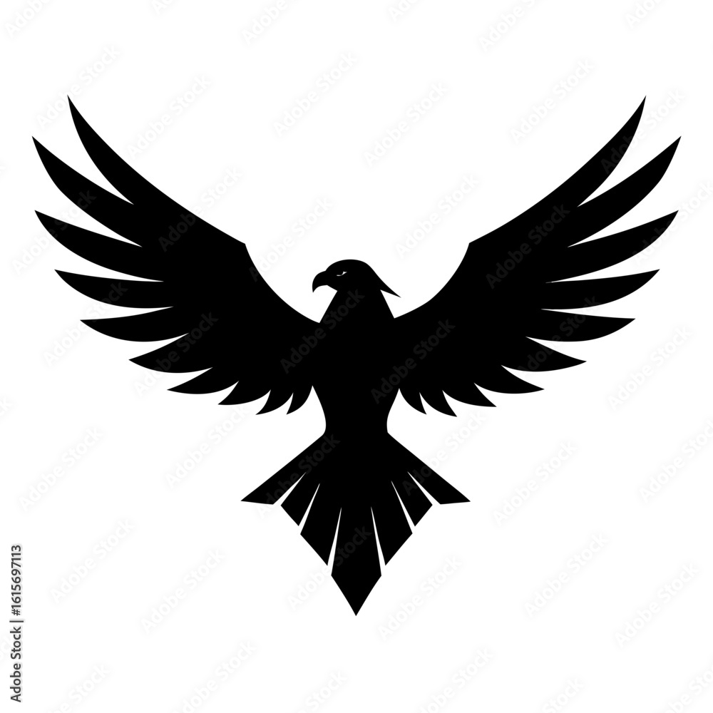Obraz premium Black eagle silhouette with wings spread isolated on white background