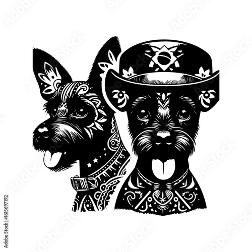 Two Black Schnauzer Dogs Adorned with Intricate Tribal Patterns and a Hat.