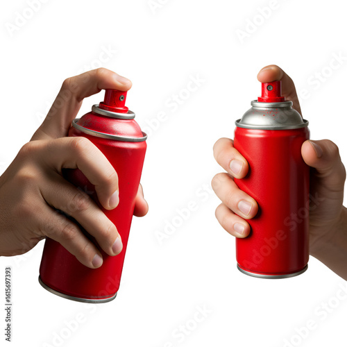 Isolated Photo Showing Hands Holding Red Spray Cans For Creative Art Background